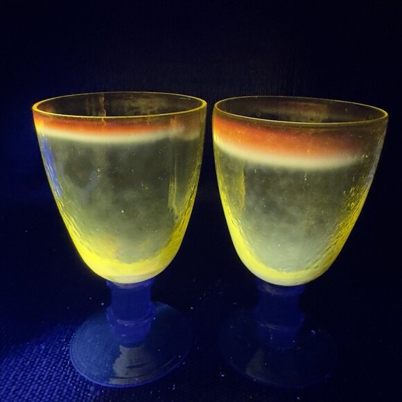 Cadmium UV Glowing Glass Goblets Cups Set 2 Yellow Top Blue Stem Textured Cups - Picture 13 of 16